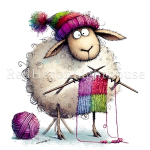 May include: A white sheep wearing a colourful knitted hat is knitting a multi-coloured scarf with two knitting needles. A ball of pink yarn sits next to the sheep.