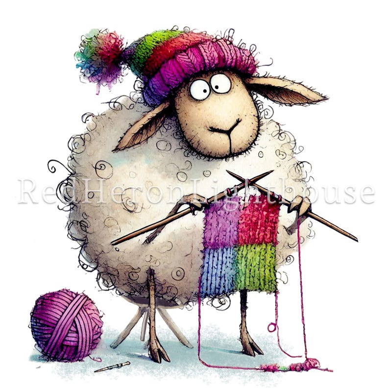 May include: A white sheep wearing a colourful knitted hat is knitting a multi-coloured scarf with two knitting needles. A ball of pink yarn sits next to the sheep.