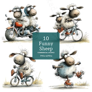 Può includere: Illustrazioni ad acquerello di simpatiche pecorelle impegnate in varie attività. Una pecora guida una moto, altre vanno in bicicletta e una pecora pattina. L'immagine include il testo "10 Funny Sheep" e "Commercial Licence".