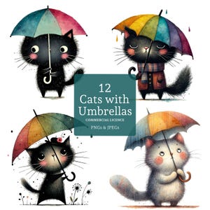 Cat With Umbrella Clipart 12 High Quality PNGs/JPGs, Quirky Kittens, Funny Pet Images, Paper & Digital Craft COMMERCIAL USE | BR0122-2