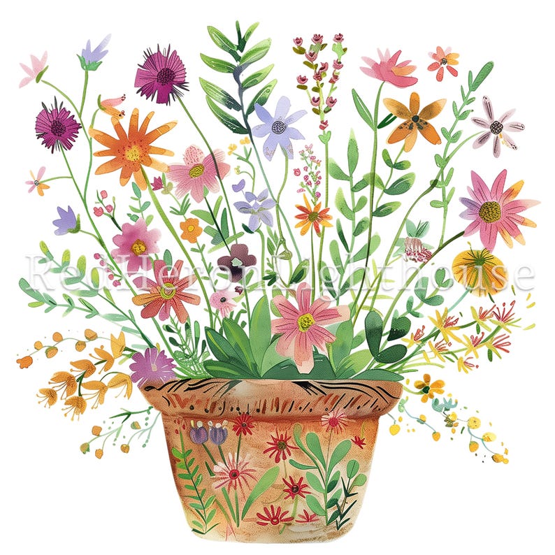 May include: A terracotta pot overflowing with a colorful bouquet of wildflowers in shades of pink, purple, yellow, orange, and blue.