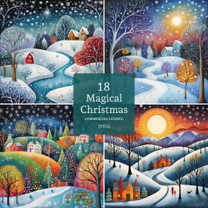 Imágenes prediseñadas de paisajes navideños mágicos, 18 archivos JPG de acuarela de alta calidad, paisajes extravagantes, manualidades de papel, creación de tarjetas, diario basura / BR0616-2