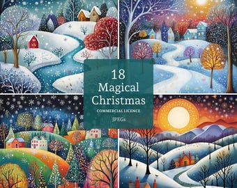 May include: A collection of four winter landscape paintings with a Christmas theme. Each painting features snow-covered hills, colorful trees, and quaint houses. The text "18 Magical Christmas" is displayed on a teal background.
