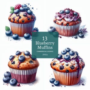 May include: A set of 13 blueberry muffins, each with a different topping and decoration. Some muffins have a white frosting, while others have a blueberry glaze. All muffins are decorated with fresh blueberries.