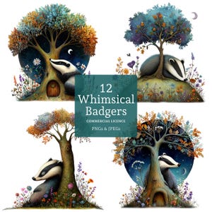 Clipart fantaisiste de blaireau, 12 fichiers PNG/JPG de haute qualité, aquarelle animal de la faune des bois, créations papier/numérique, UTILISATION COMMERCIALE | BR0611-1