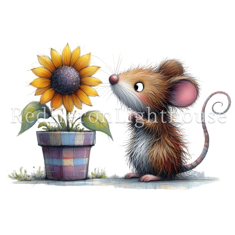 May include: A brown mouse with a pink ear and a curled tail looks up at a yellow sunflower in a colorful pot.