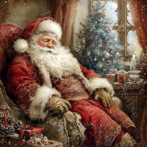 May include: A vintage illustration shows Father Christmas asleep in a comfortable armchair. He is dressed in a red suit with white fur trim and a matching hat. A decorated Christmas tree and presents are in the background, creating a festive holiday scene.