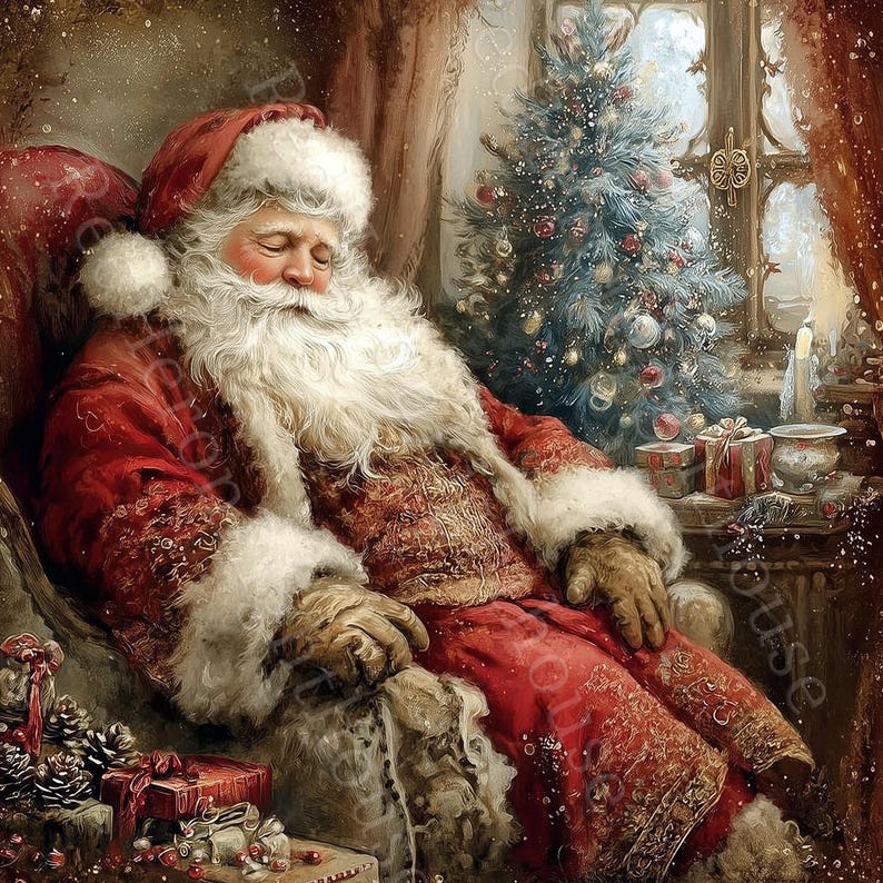 May include: A vintage illustration shows Father Christmas asleep in a comfortable armchair. He is dressed in a red suit with white fur trim and a matching hat. A decorated Christmas tree and presents are in the background, creating a festive holiday scene.