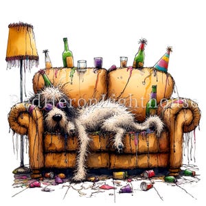 Pu&ograve; includere: Un'illustrazione umoristica di un cane con occhiali da sole, sdraiato su un divano giallo macchiato. Il divano &egrave; circondato da bevande versate, bottiglie e cappelli da festa, suggerendo una vivace celebrazione. Una lampada gialla &egrave; sullo sfondo.