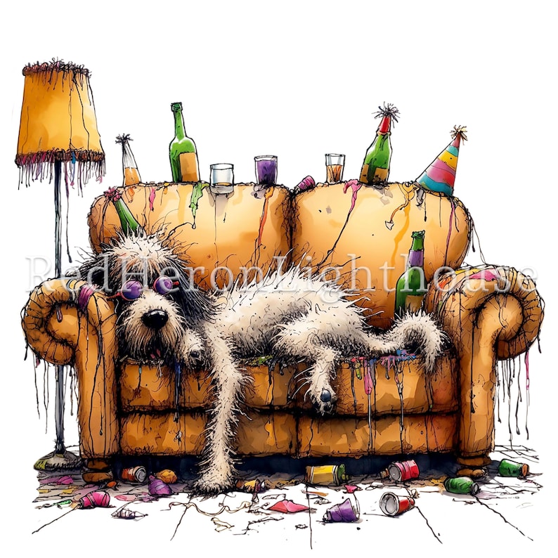 Pu&ograve; includere: Un'illustrazione umoristica di un cane con occhiali da sole, sdraiato su un divano giallo macchiato. Il divano &egrave; circondato da bevande versate, bottiglie e cappelli da festa, suggerendo una vivace celebrazione. Una lampada gialla &egrave; sullo sfondo.