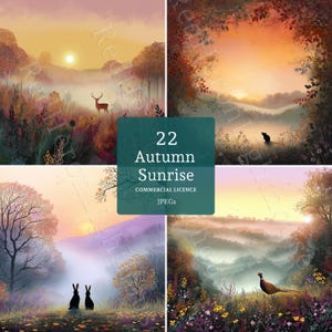 Peut inclure: Quatre peintures de paysages représentant des levers de soleil d'automne. Chaque scène présente un lever de soleil vibrant sur des collines brumeuses, avec des arbres, de la faune et un feuillage coloré. Le texte "22 Autumn Sunrise" est affiché sur un carré vert d'eau.