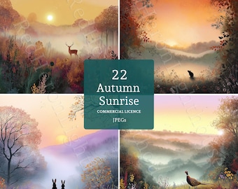 Autumn Wildlife Sunrise Clipart, Fall Animals In Landscapes, Watercolour Printable 22 JPGs, Digital Download, Commercial Use
