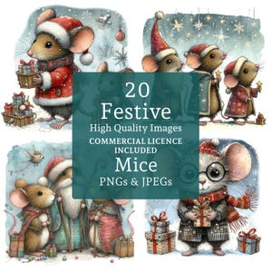 Imágenes prediseñadas de ratones festivos (20 PNG/JPG), ratón navideño caprichoso, imágenes de animales lindos de invierno, manualidades navideñas de temporada. USO COMERCIAL / AR0716-1