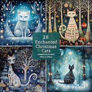Clipart chat de Noël enchanté, designs de haute qualité, 28 fichiers JPG, images de chat mystique, art animalier hivernal, journal indésirable UTILISATION COMMERCIALE | AR1025