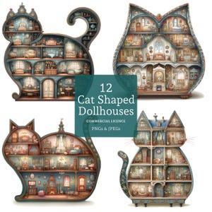 Clipart original de maison de poupée en forme de chat, 12 fichiers PNG/JPG de haute qualité, oeuvre d'art pour maison de poupée, fabrication de cartes, créations en papier, journal UTILISATION COMMERCIALE | BR0507-1