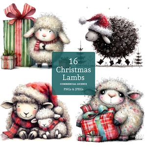Clipart di pecore di Natale, 16 PNG/JPG di alta qualità, animali da fattoria festosi, simpatici agnelli stravaganti, artigianato natalizio, USO COMMERCIALE / AR1029-2