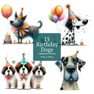 Funny Birthday Dog Clipart, 13 High Quality PNGs/JPGs, Whimsical Party Dog Images, Card Making, Paper/Digital Crafts COMMERCIAL USE | BR0305