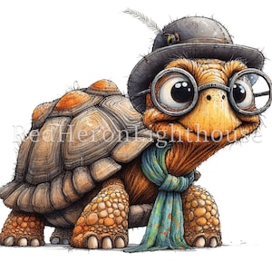 May include: A cartoon tortoise wearing a black bowler hat with a feather, round glasses, and a blue and green scarf. The tortoise has a brown shell with orange accents.