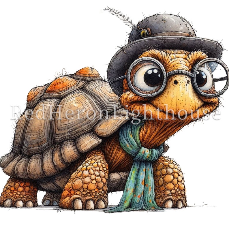 May include: A cartoon tortoise wearing a black bowler hat with a feather, round glasses, and a blue and green scarf. The tortoise has a brown shell with orange accents.