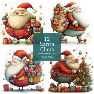 Clipart de Papai Noel, 12 PNGs/JPGs de alta qualidade, Clipart de Natal fantástico, Criação de cartões, Papel/Digital, Fantasia, USO COMERCIAL | BR0411-1