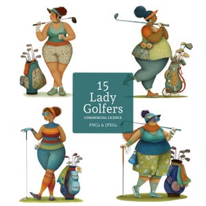 Golfista excêntrica, 15 PNGs/JPGs de alta qualidade, clipart esportivo feminino em aquarela, papel/arte digital, uso comercial | BR0612-1