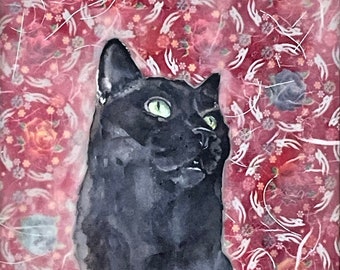 Original mixed media black cat portrait featured in ArtPrize 23. “Nyna always felt her talents were wasted in such a small town.”