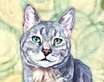 Original encaustic watercolor collage cat portrait featured in ArtPrize 2023. “Wolfgang grew to detest how he looked in portraits”