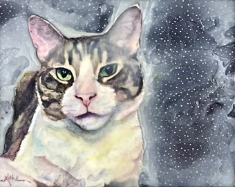 Original mixed media cat portrait featured in ArtPrize 23. “Before the unfortunate incident, he had stars in his eyes”
