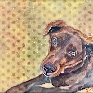 Original watercolor collage dog portrait in ArtPrize 23. “Unfailingly the life of the party, she knew when to leave early & avoid the drama
