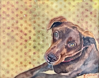 Original watercolor collage dog portrait in ArtPrize 23. “Unfailingly the life of the party, she knew when to leave early & avoid the drama