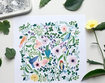 Water colour illustration print, art print, botanical illustration print, hummingbirds print, floral birds print