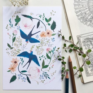 Water colour illustration print, art print, botanical illustration print, swallows print, floral birds print