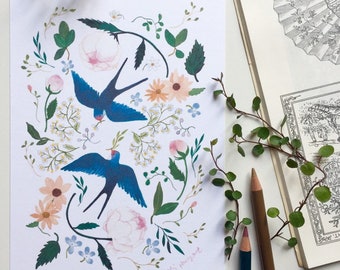 Water colour illustration print, art print, botanical illustration print, swallows print, floral birds print