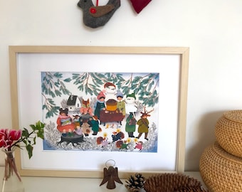 Stampa d'illustrazione, illustrazione natalizi, illustrazione festive, illustrazioni con animali e bambini