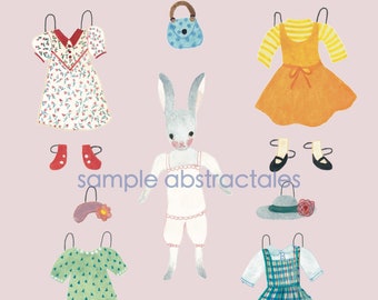 instant download paper doll with dresses, printable rabbit paper doll, digital rabbit dressing paper doll