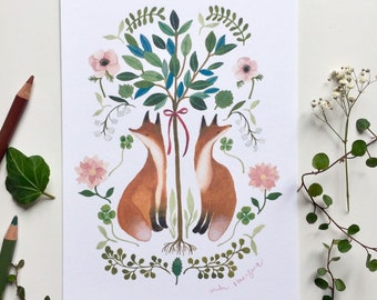 Water colour illustration print, art print, botanical illustration print, fox print, floral animal print