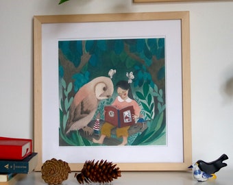 illustration print, art print, children illustration print, child and owl painting print, woodland illstation print