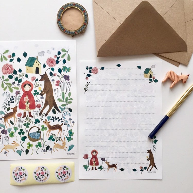 Ensemble de lettres, jeu décriture de lettres, avec illustration à laquarelle du petit chaperon rouge dans le pré, papeterie de conte de fées image 3