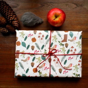 Gift wrapping paper, woodland gift wrapping paper, robin wrapping paper, christmas wrapping paper, cottage core gift paper image 1