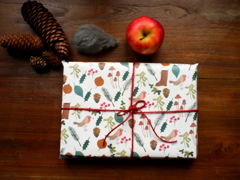 Gift wrapping paper, woodland gift wrapping paper, robin wrapping paper, christmas wrapping paper, cottage core gift paper image 1