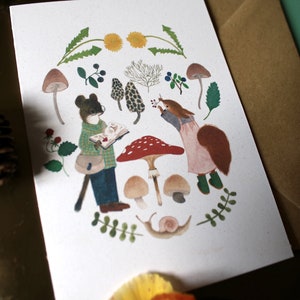 Carte de correspondance forêt, carte de correspondance champignon, carte de voeux botanique, voiture animaux et fleurs, carte de voeux écologique