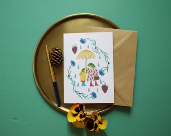 Wild flower note card, country style note card, Botanical greeting card,  animals and flowers car, eco friendly greeting card