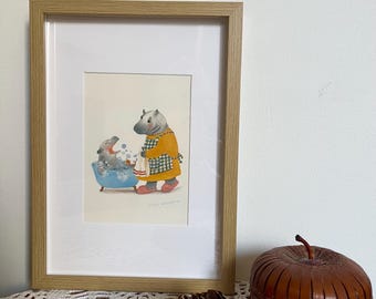 Art print, illustration print, hippo illustration, watercolour illustration print, little wall art, animals illustration print