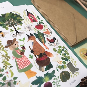 Juego de cartas para escribir, juego de cartas para jardín de granja, juego de cartas ilustradas, juego de cartas para escribir sobre la naturaleza, juego de cartas ecológico