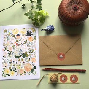 Set per scrivere lettere per l'ora del tè con uccellini, set di cancelleria per uccelli e fiori, set per scrivere lettere illustrato, set per lettere ad acquerello
