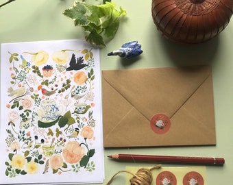 Set de escritura de cartas hora del té con pajaritos, set de papelería de pájaros y flores, set de escritura de cartas ilustradas, set de papelería de acuarela