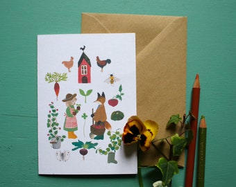 Farm garden note card, country style note card, Botanical greeting card,  animals and flowers car, eco friendly greeting card