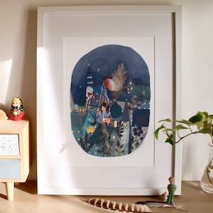 Illustration Print, Kunstdruck, Nacht Landschaft Illustration Print, Mädchen und Vogel Malerei Print, digitale Illustration illustrazione