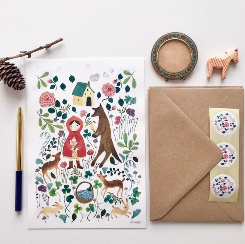 Ensemble de lettres, jeu décriture de lettres, avec illustration à laquarelle du petit chaperon rouge dans le pré, papeterie de conte de fées image 1