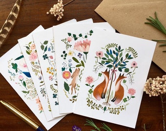 Greeting card set, note card set, stationery set, snailmail set, animals note cards, flowers and animals stationery, nature greeting cards